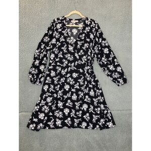 LOFT Plus Wrap Midi Dress Women 16 Black Floral Long Sleeve Quiet Luxury Career